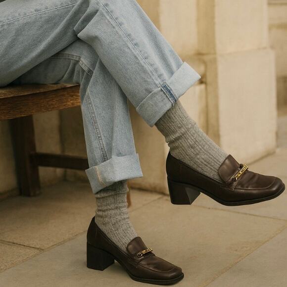 Y2K Nine West Brown Leather 90s Minimalist Leather Heeled Loafers Gold Detail 9 - Picture 1 of 10